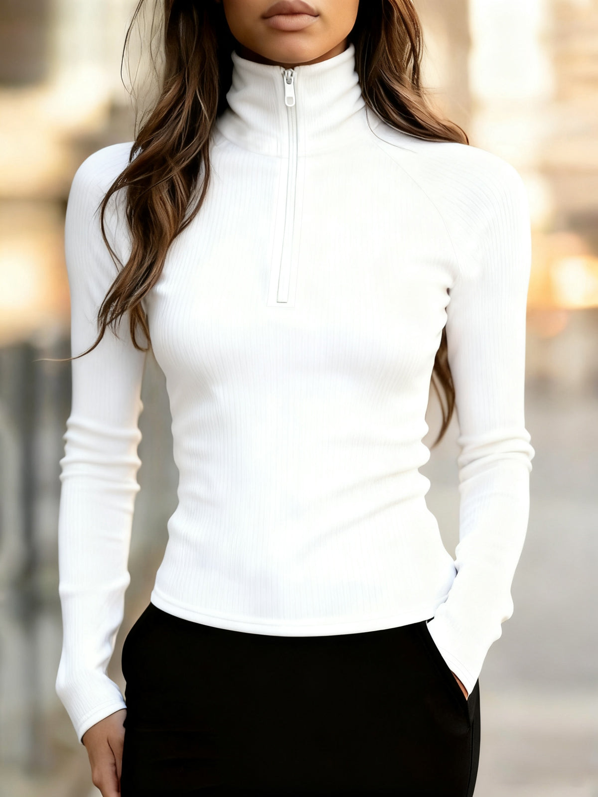 Dorte | Ribbed Quarter Zip Sweater with High Neck for Women