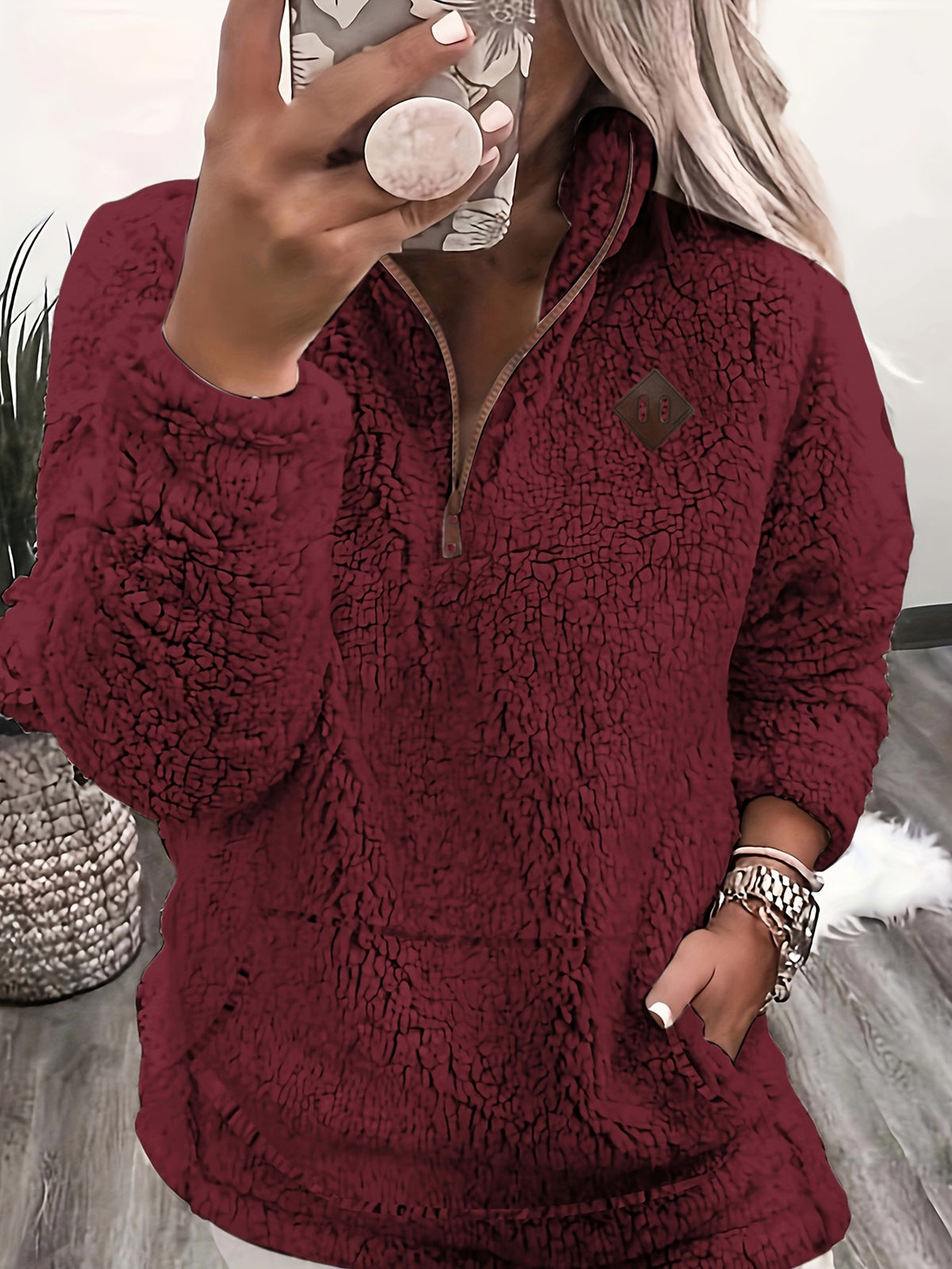 Elin | Textured Quarter Zip Sweater with Chest Patch for Women