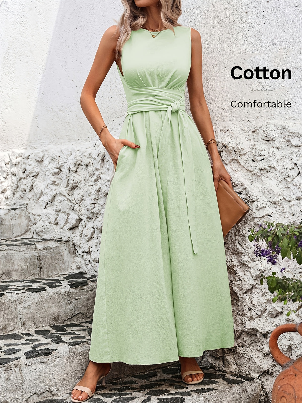 Caroline | Belted Wrap-Waist Sleeveless Maxi Dress for Women