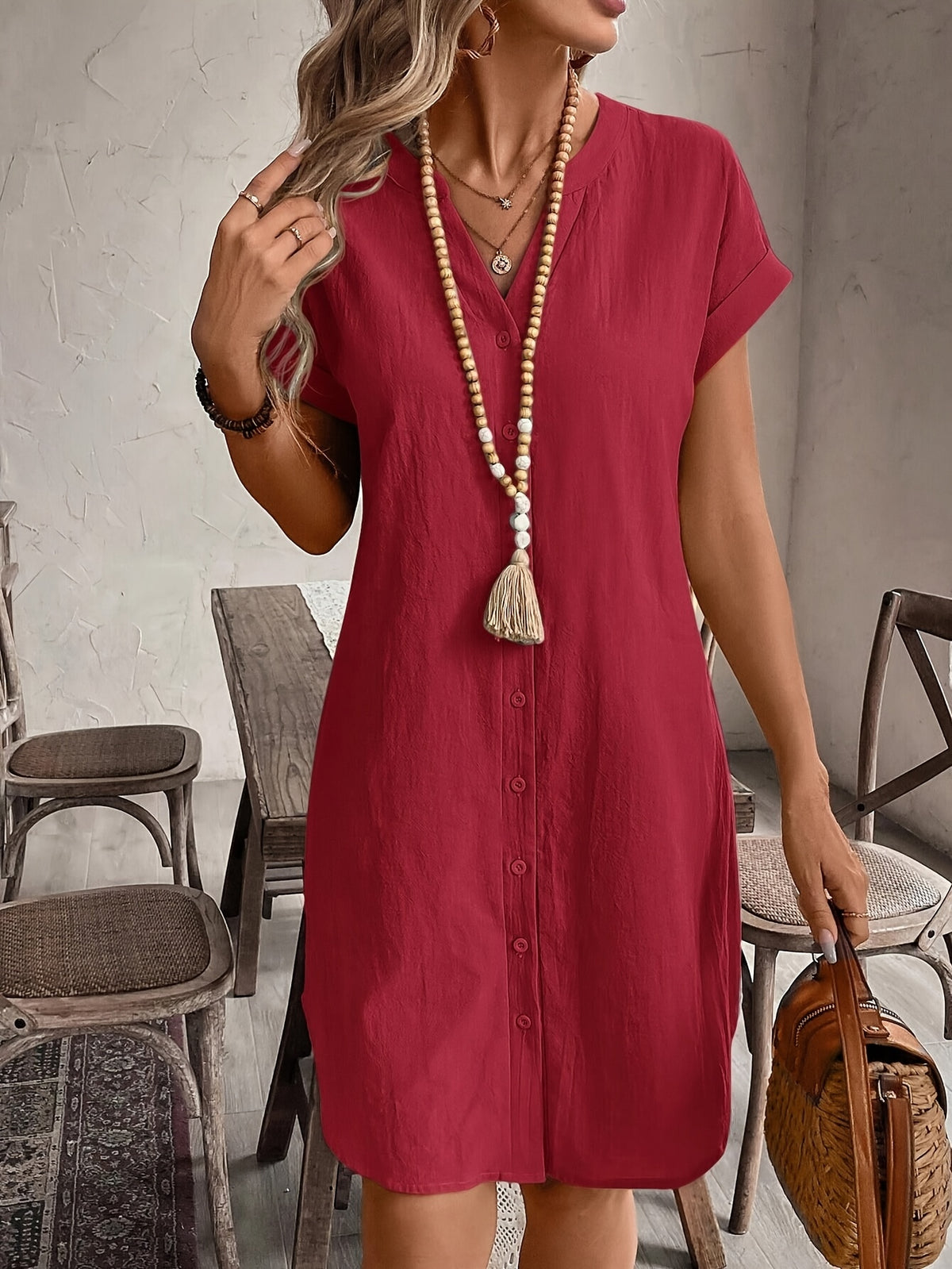 Carlijn | Button-Front Shift Dress with V-Neck for Women