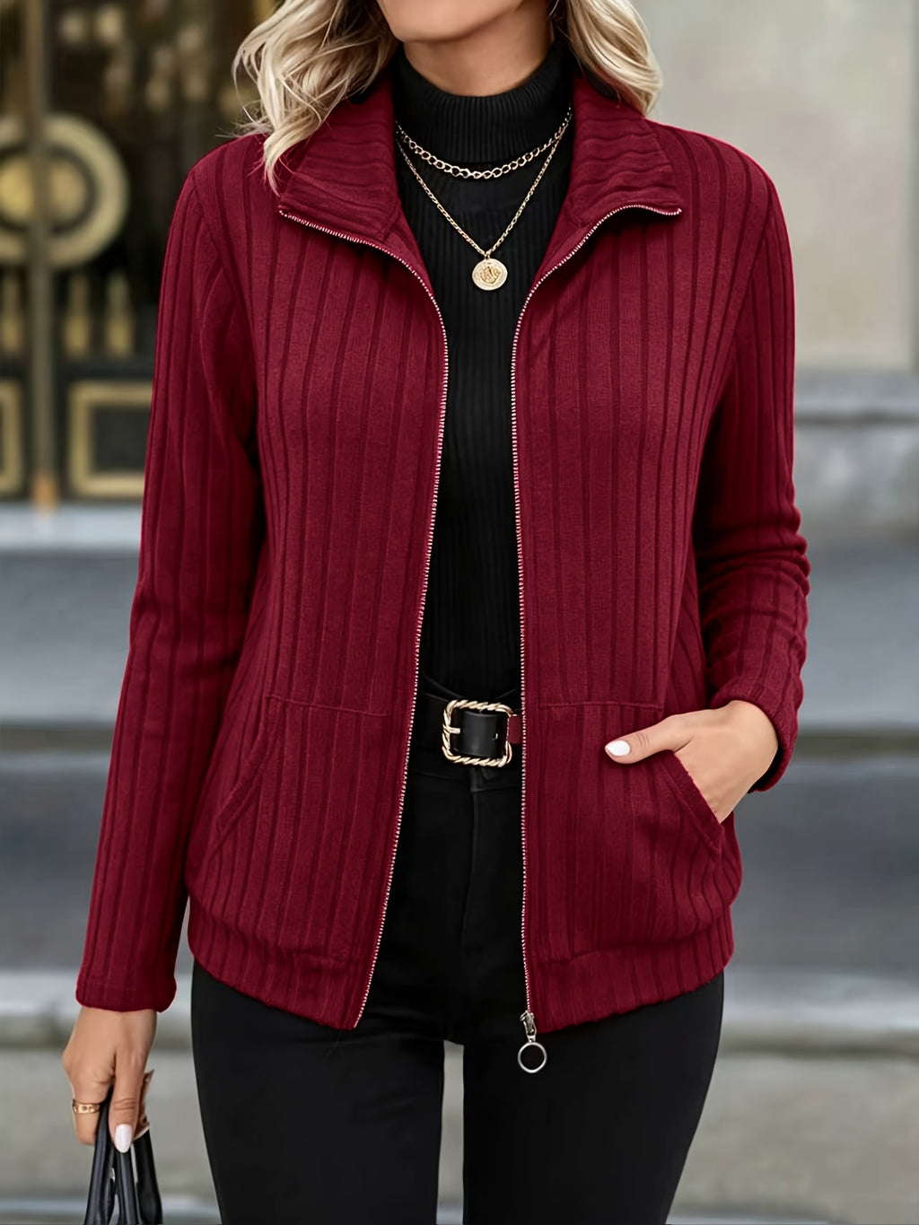 Priska | Ribbed Zip-Front Blazer Jacket with Pockets for Women