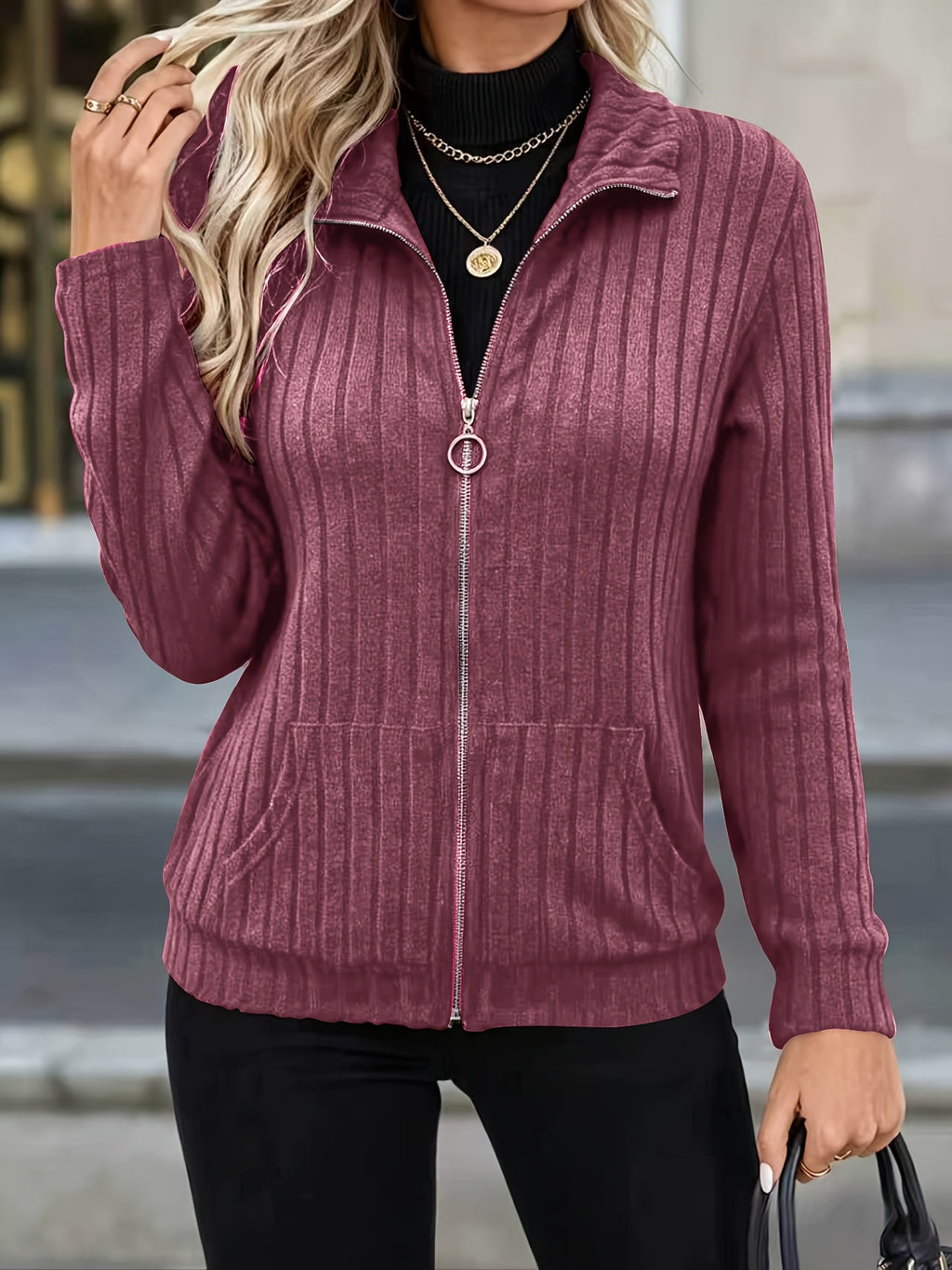 Priska | Ribbed Zip-Front Blazer Jacket with Pockets for Women