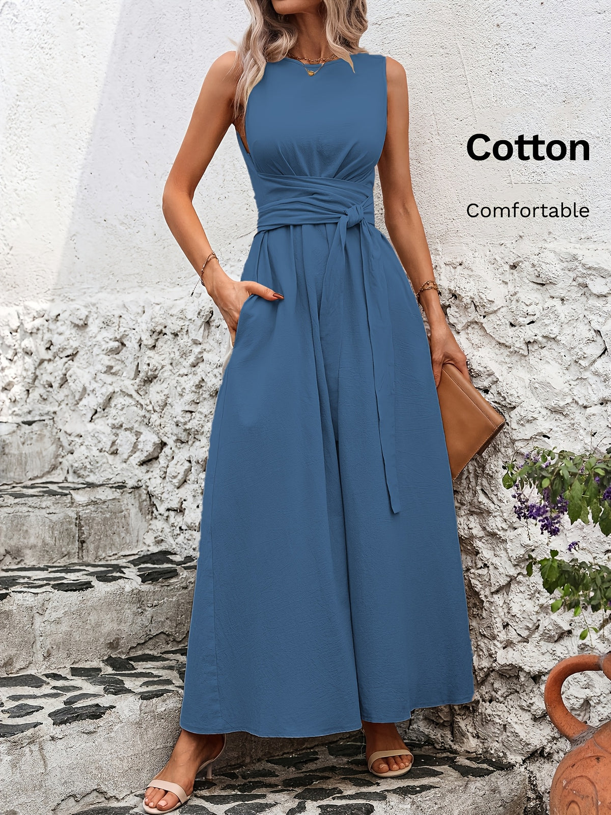 Caroline | Belted Wrap-Waist Sleeveless Maxi Dress for Women
