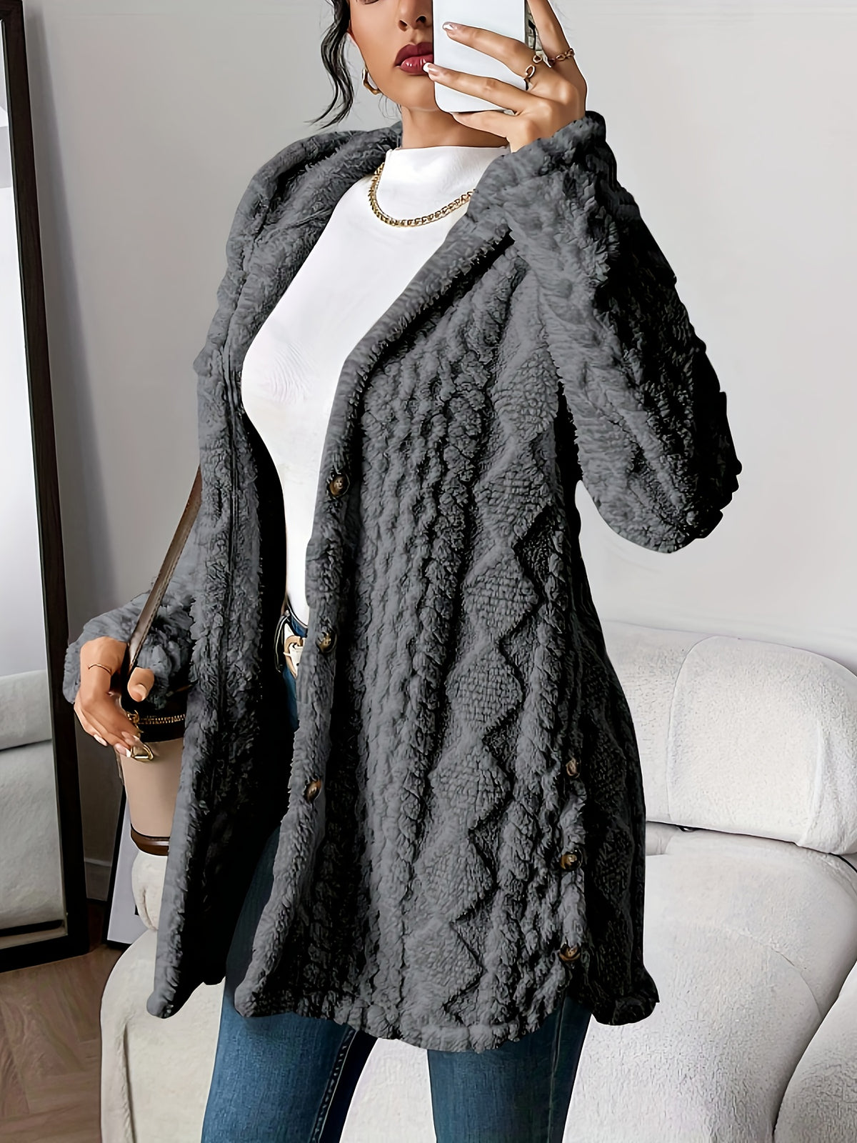 Christiane | Cable-Knit Textured Cardigan Coat with Hood