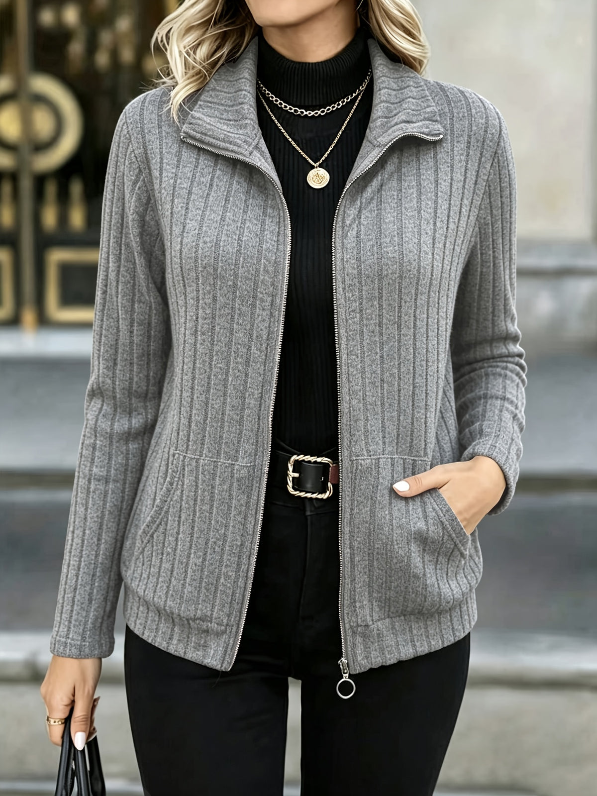 Priska | Ribbed Zip-Front Blazer Jacket with Pockets for Women