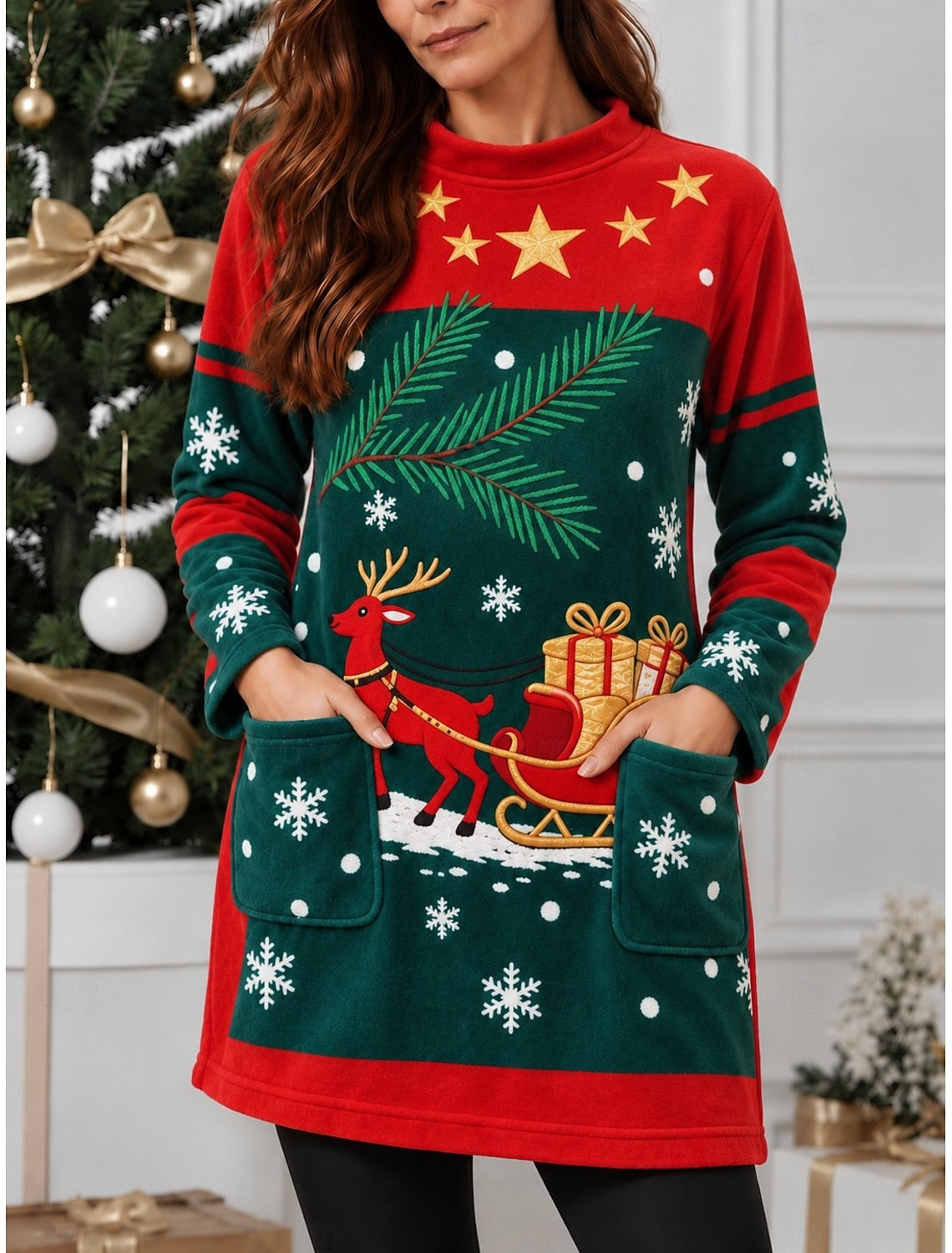 Alira | Christmas Dress Style Tree Print Stand Collar Sweater