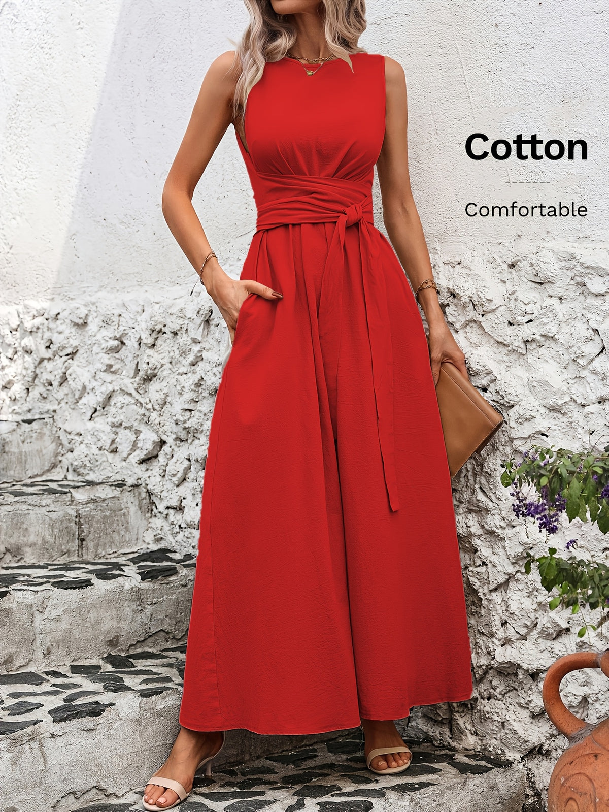 Caroline | Belted Wrap-Waist Sleeveless Maxi Dress for Women