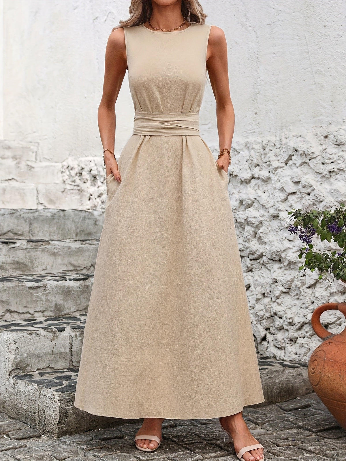Caroline | Belted Wrap-Waist Sleeveless Maxi Dress for Women