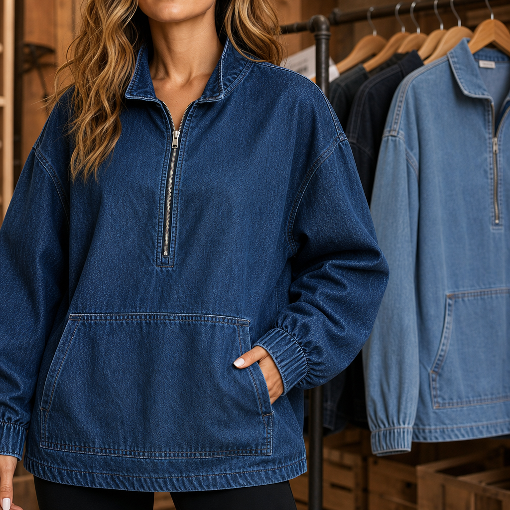 Hanna | Boxy Washed Denim-Look Half-Zip Pullover for Women