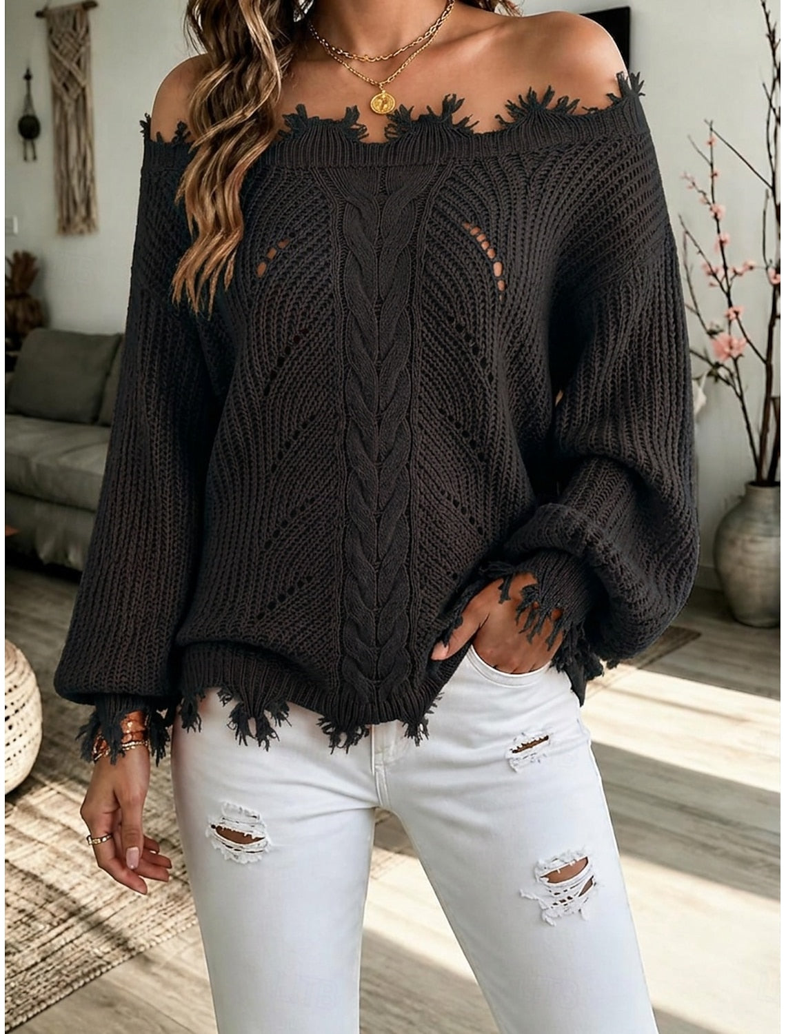 Merel Cable Knit Sweater with Cold-Shoulder Cutout for Women