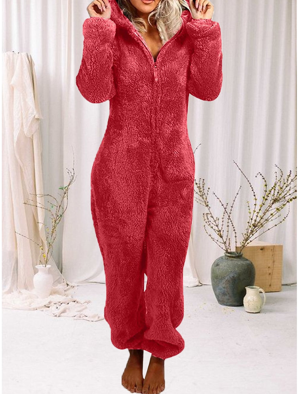 Gaia | Hooded Fleece Pajama Zip-Up Jumpsuit for Women