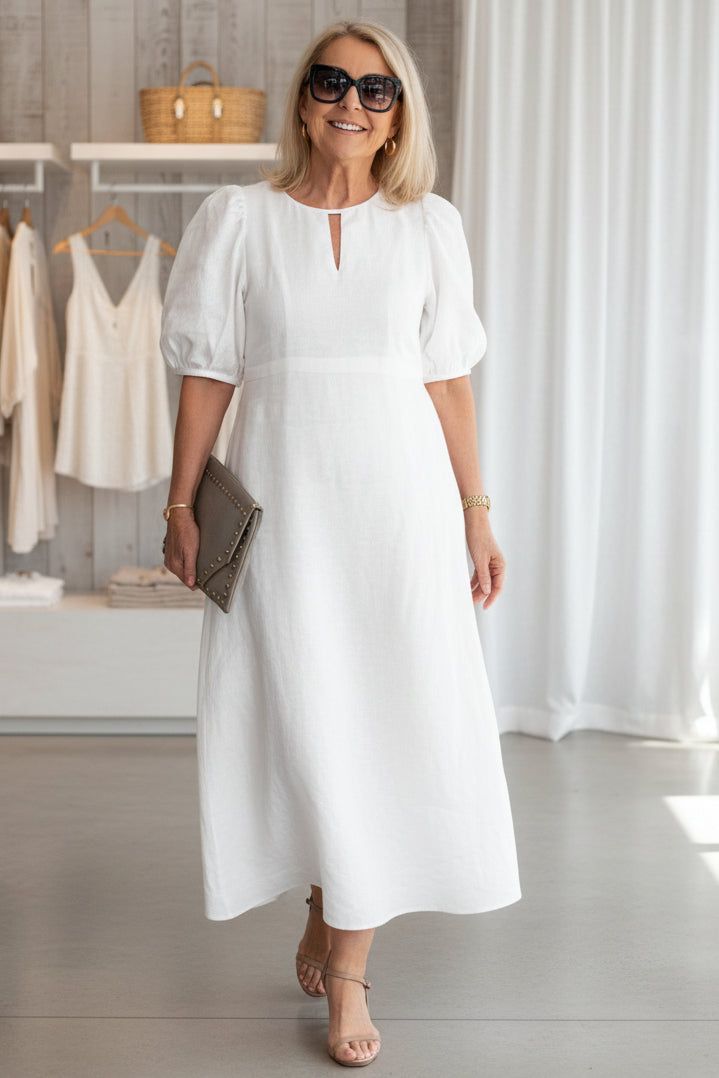 Farryn | Puff Sleeve Waist-Defining Midi Dress for Women