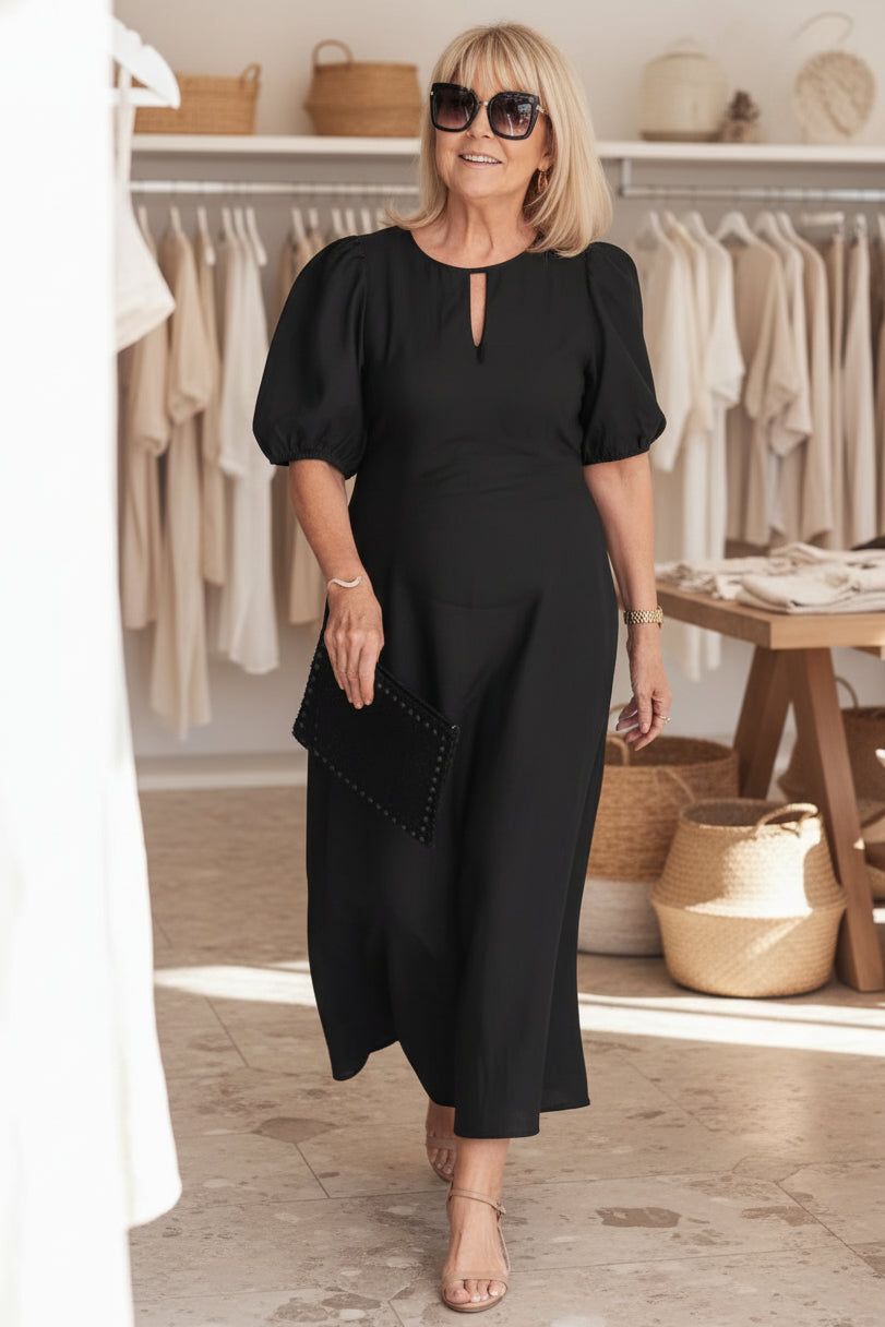 Farryn | Puff Sleeve Waist-Defining Midi Dress for Women
