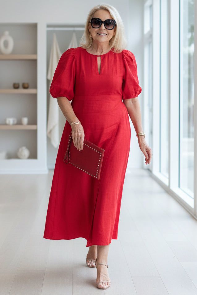 Farryn | Puff Sleeve Waist-Defining Midi Dress for Women