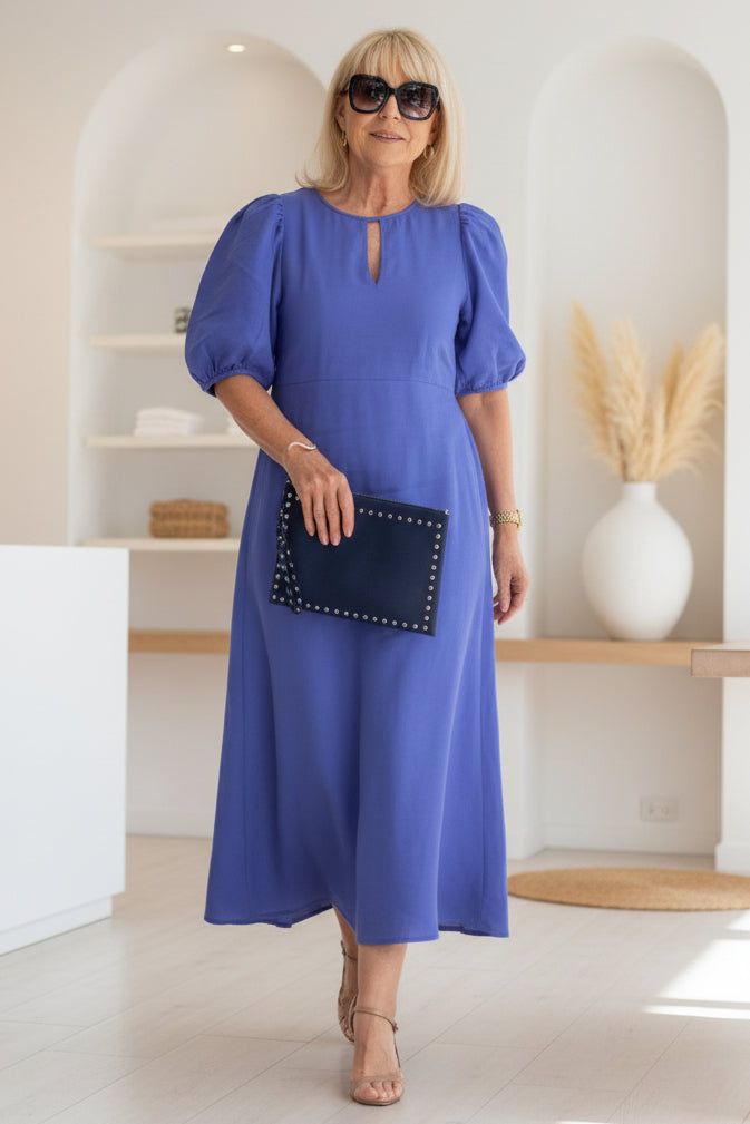 Farryn | Puff Sleeve Waist-Defining Midi Dress for Women