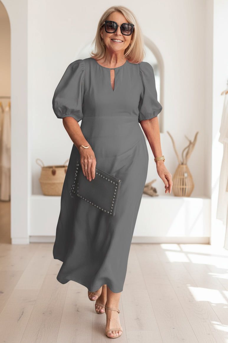 Farryn | Puff Sleeve Waist-Defining Midi Dress for Women