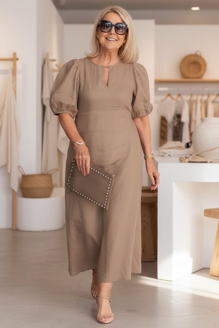 Farryn | Puff Sleeve Waist-Defining Midi Dress for Women