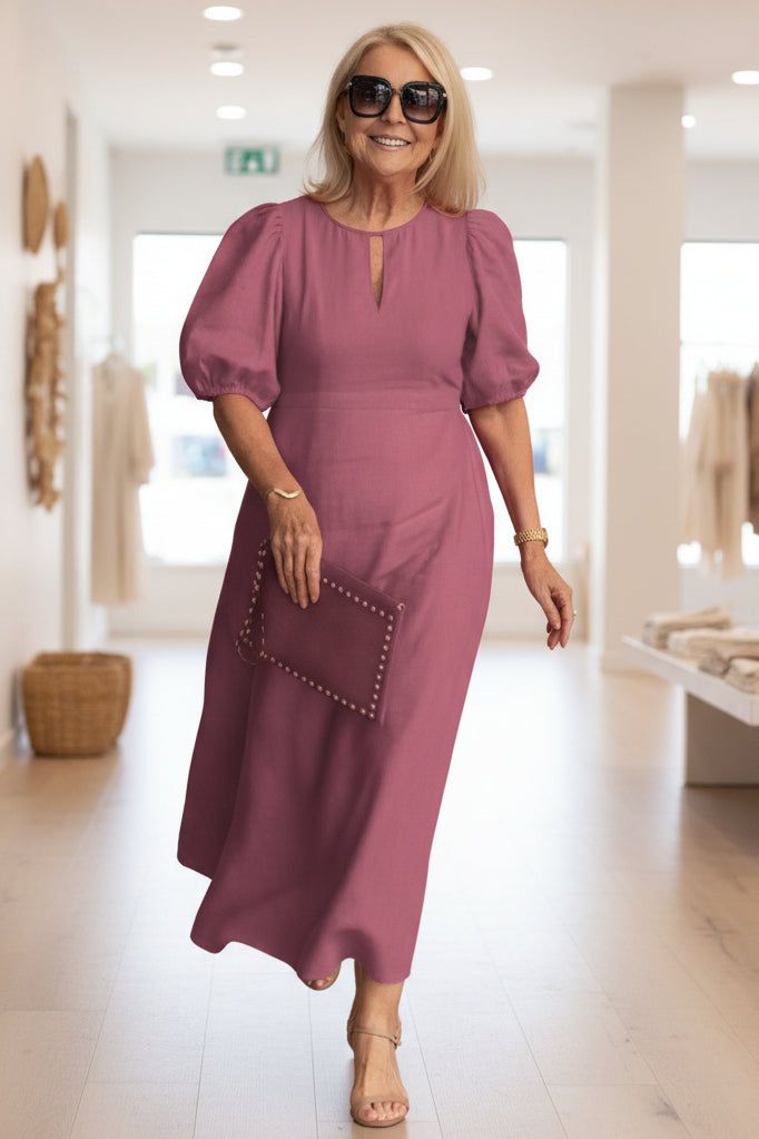 Farryn | Puff Sleeve Waist-Defining Midi Dress for Women
