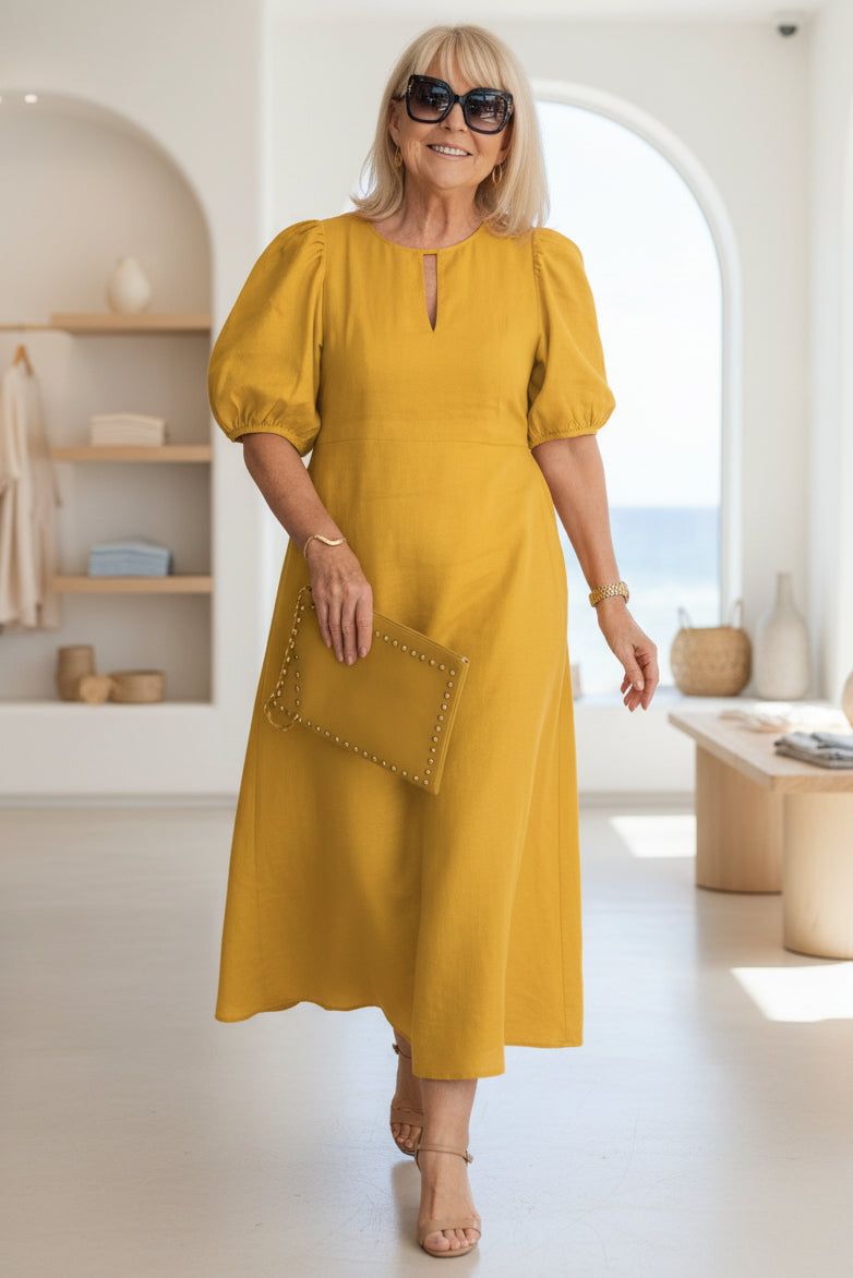 Farryn | Puff Sleeve Waist-Defining Midi Dress for Women