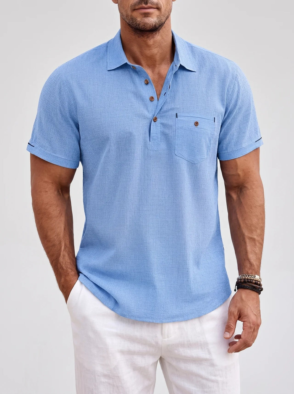 Henrik | Textured Button-Front Polo Shirt with Chest Pocket