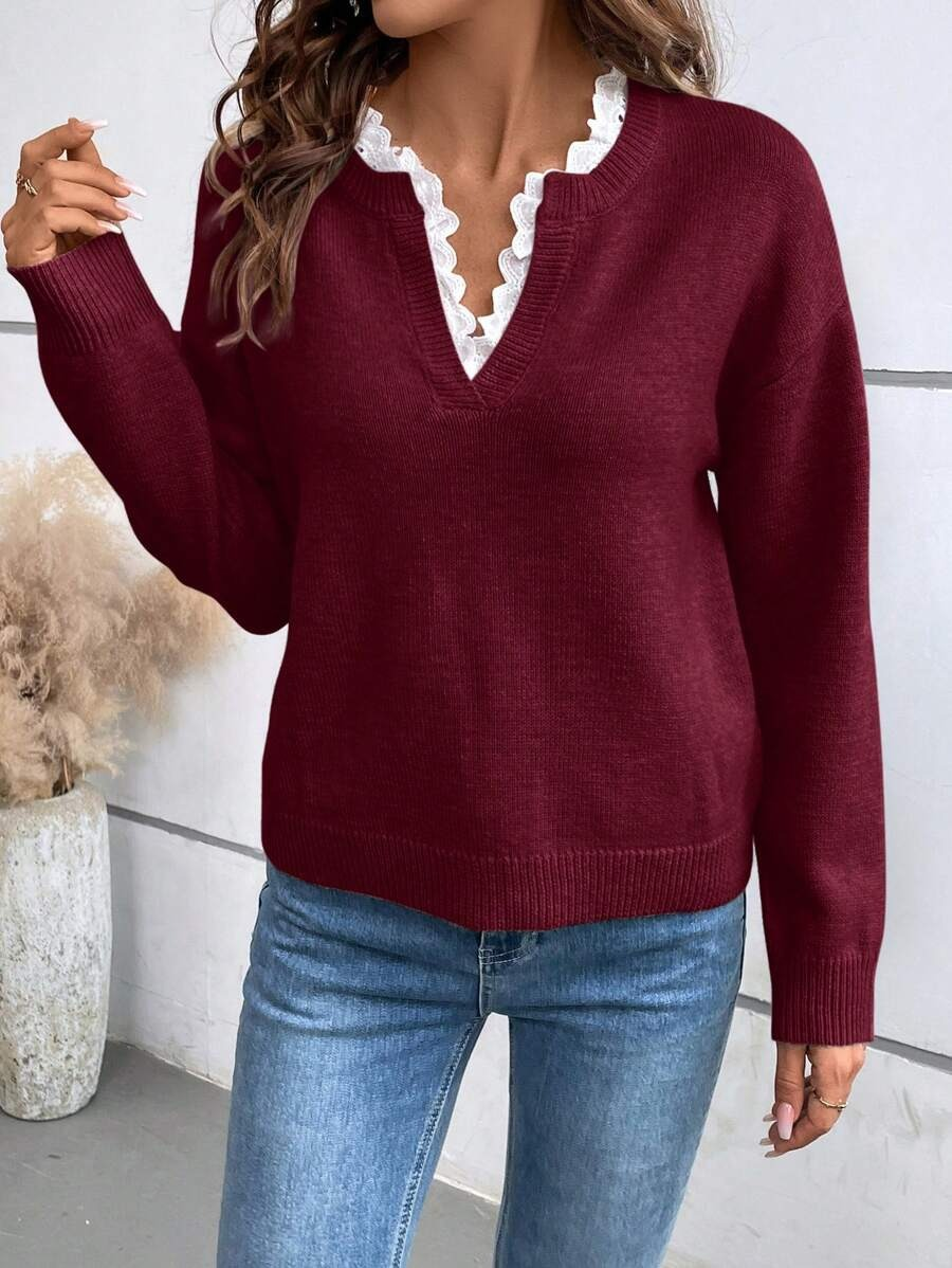 Reyna | Lace-Trim V-Neck Ribbed Sweater for Women