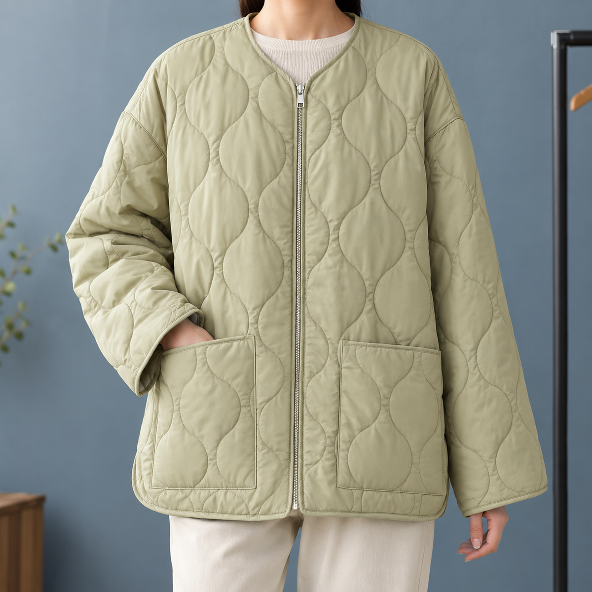 Riek | Quilted Collarless Zip Jacket with Patch Pockets for Women
