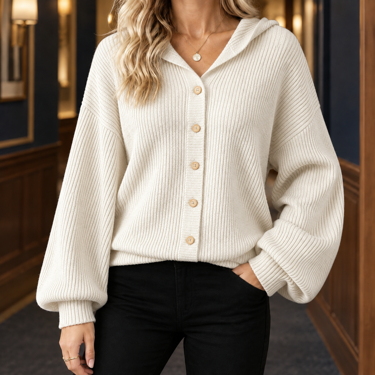 Loretta | Ribbed Hooded Cardigan with Balloon Sleeves for Women