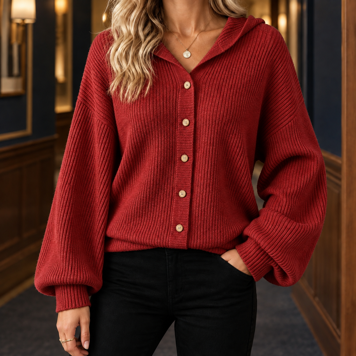 Loretta | Ribbed Hooded Cardigan with Balloon Sleeves for Women