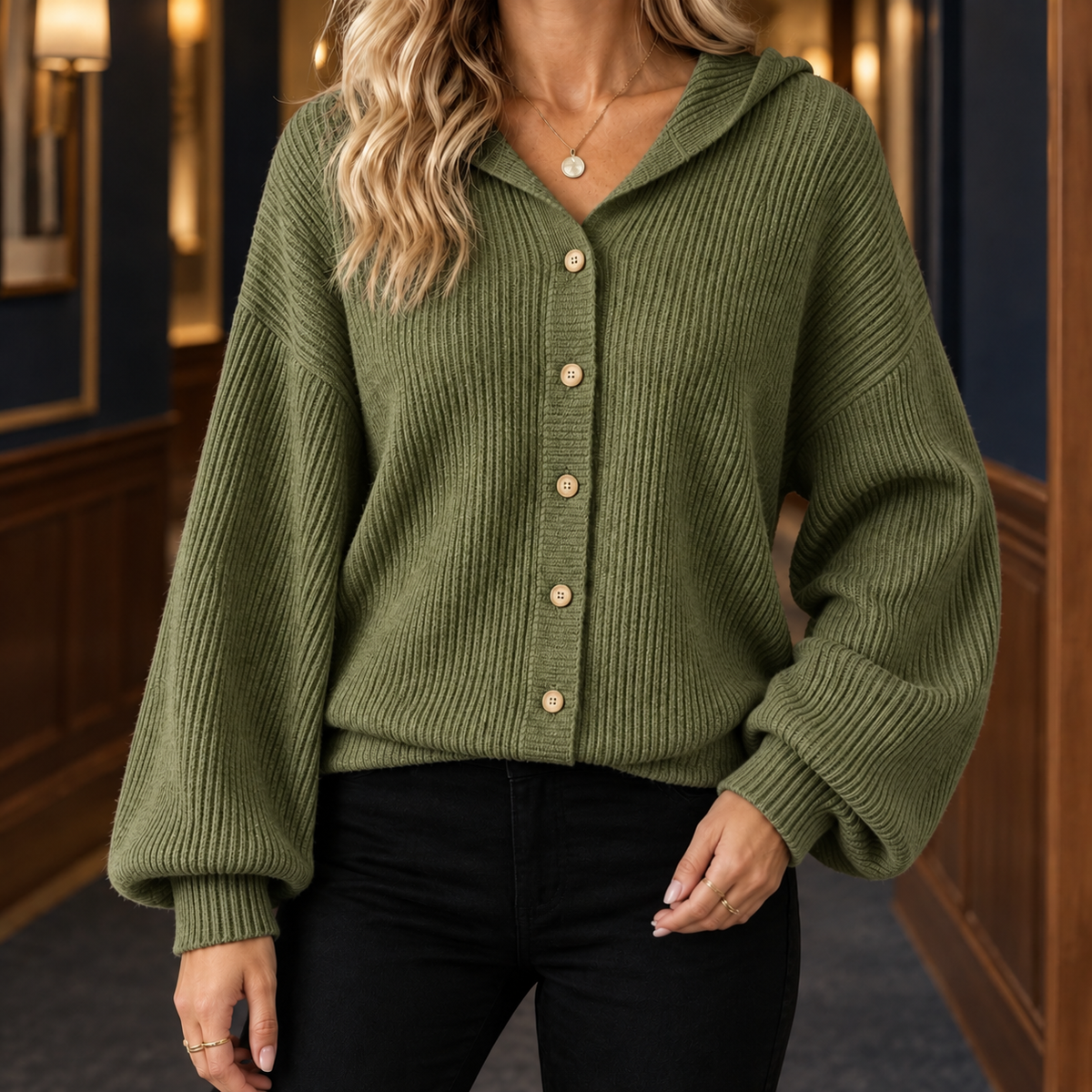 Loretta | Ribbed Hooded Cardigan with Balloon Sleeves for Women
