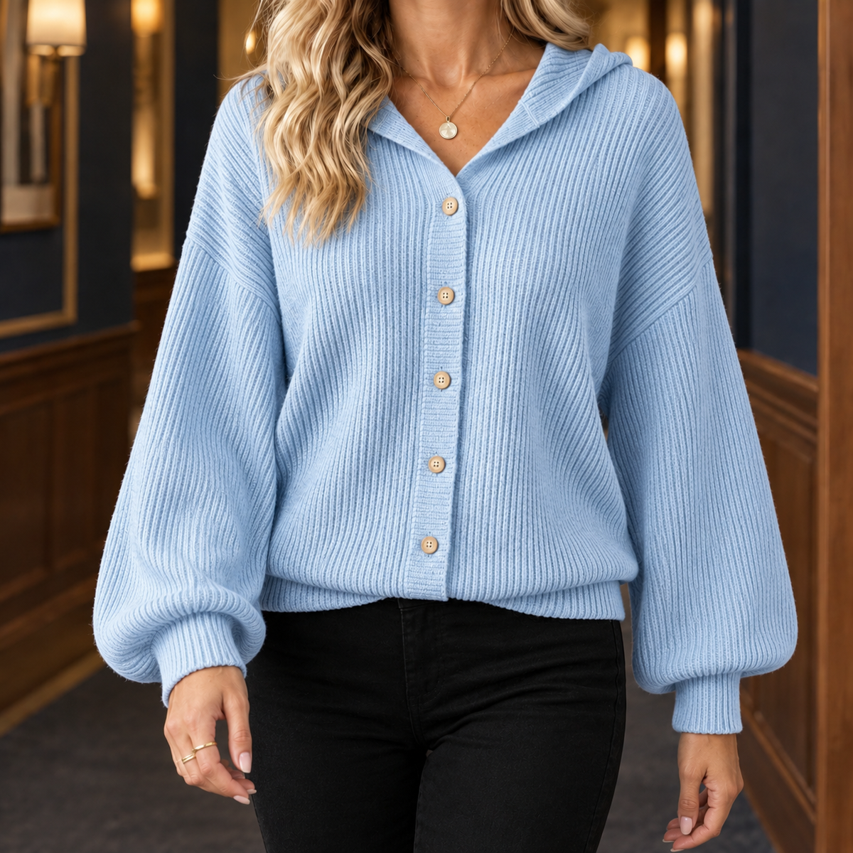 Loretta | Ribbed Hooded Cardigan with Balloon Sleeves for Women