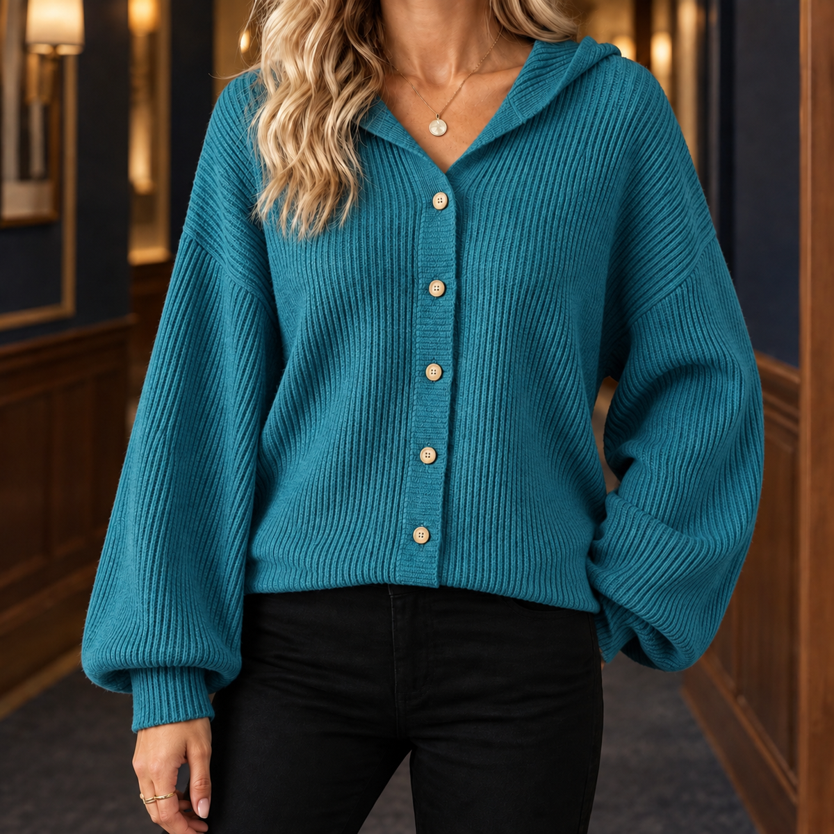 Loretta | Ribbed Hooded Cardigan with Balloon Sleeves for Women