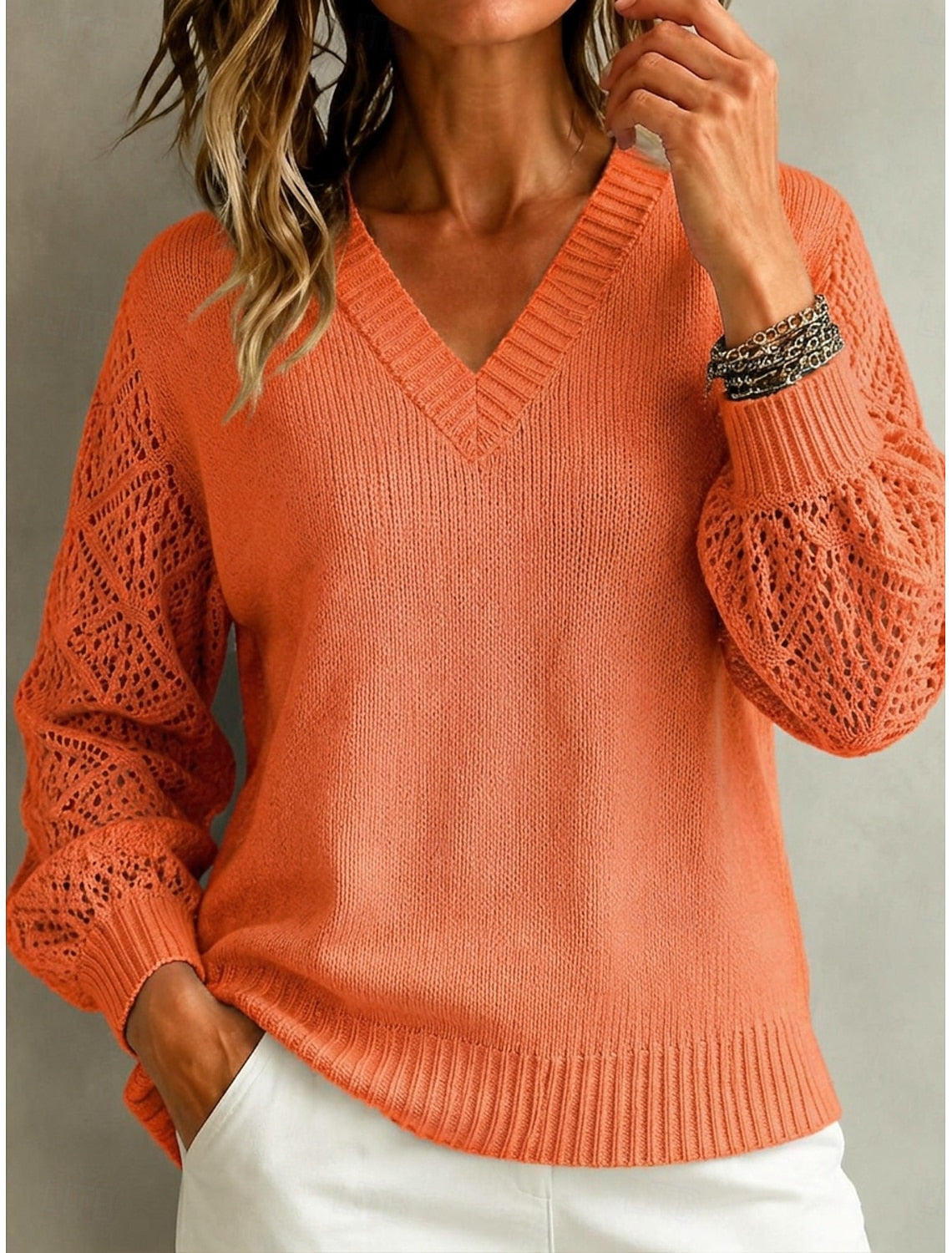 Malin Cable Knit Sweater with V-Neck Crochet Sleeves for Women