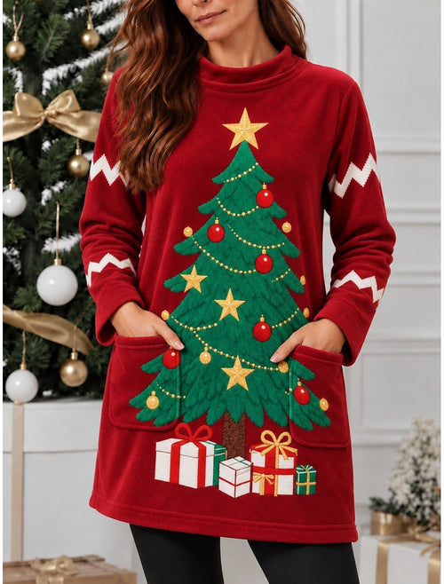 Alira | Christmas Dress Style Tree Print Stand Collar Sweater