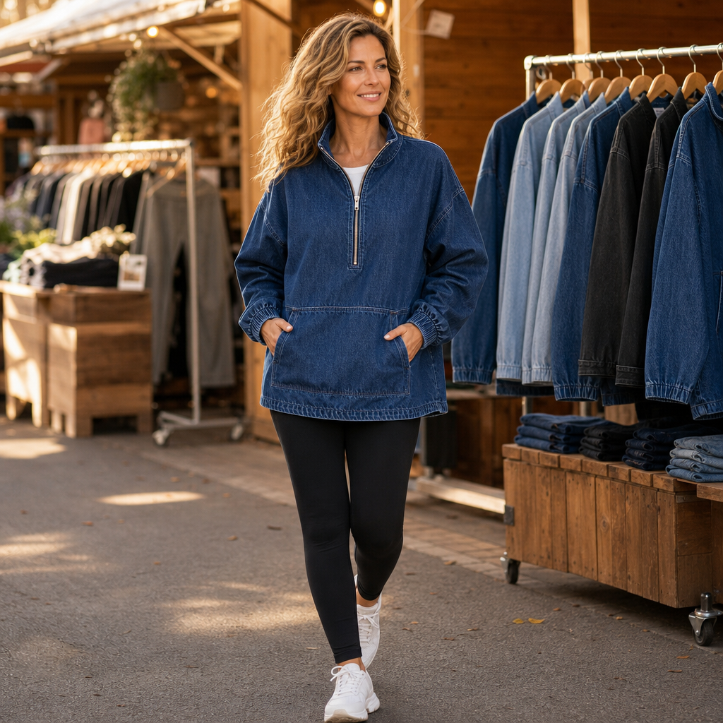 Hanna | Boxy Washed Denim-Look Half-Zip Pullover for Women