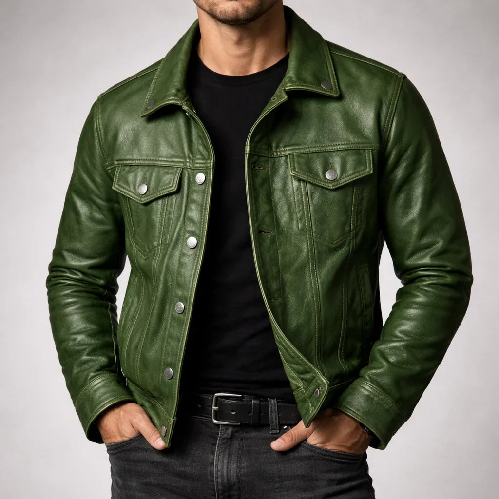 Regis | Trucker Leather Jacket with Button Front for Men