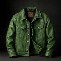 Regis | Trucker Leather Jacket with Button Front for Men