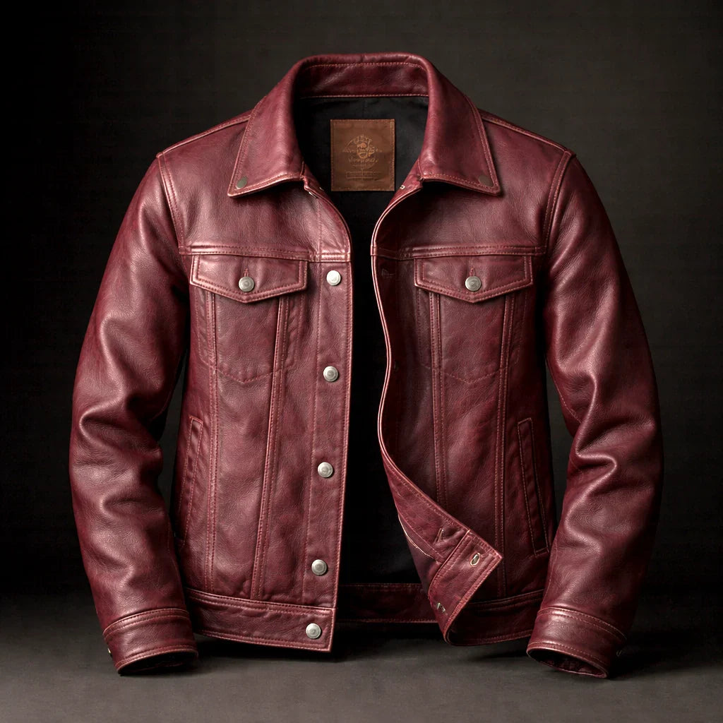 Regis | Trucker Leather Jacket with Button Front for Men