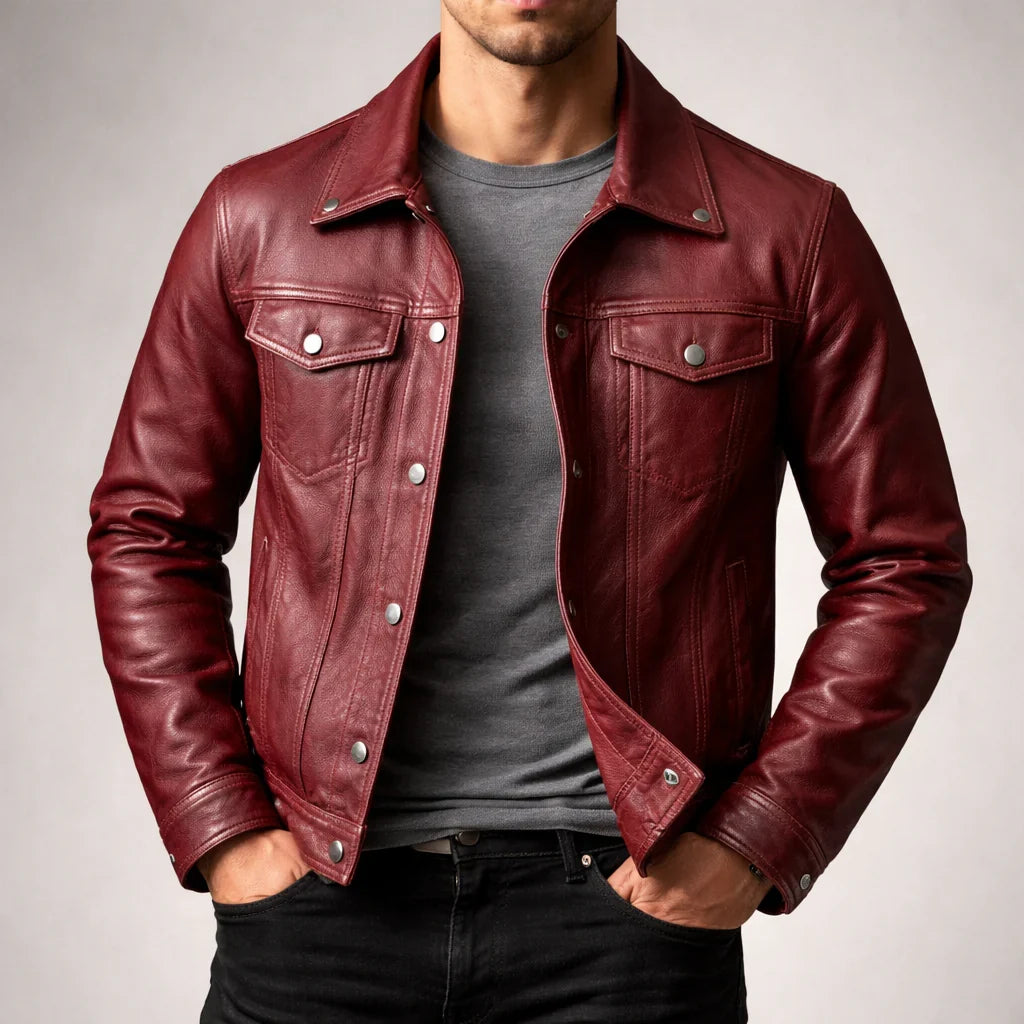 Regis | Trucker Leather Jacket with Button Front for Men