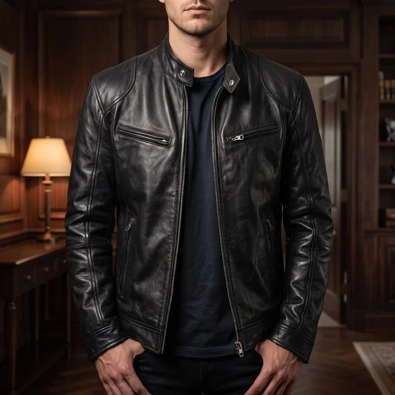 Merritt | Leather Jacket with Button-Snap Collar for Men