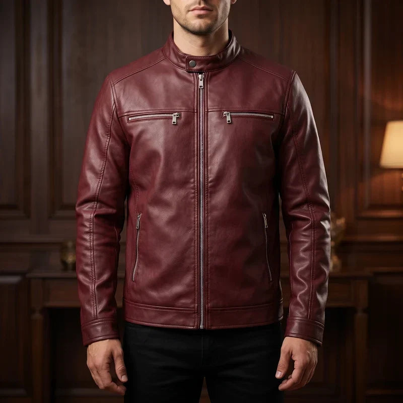 Merritt | Leather Jacket with Button-Snap Collar for Men