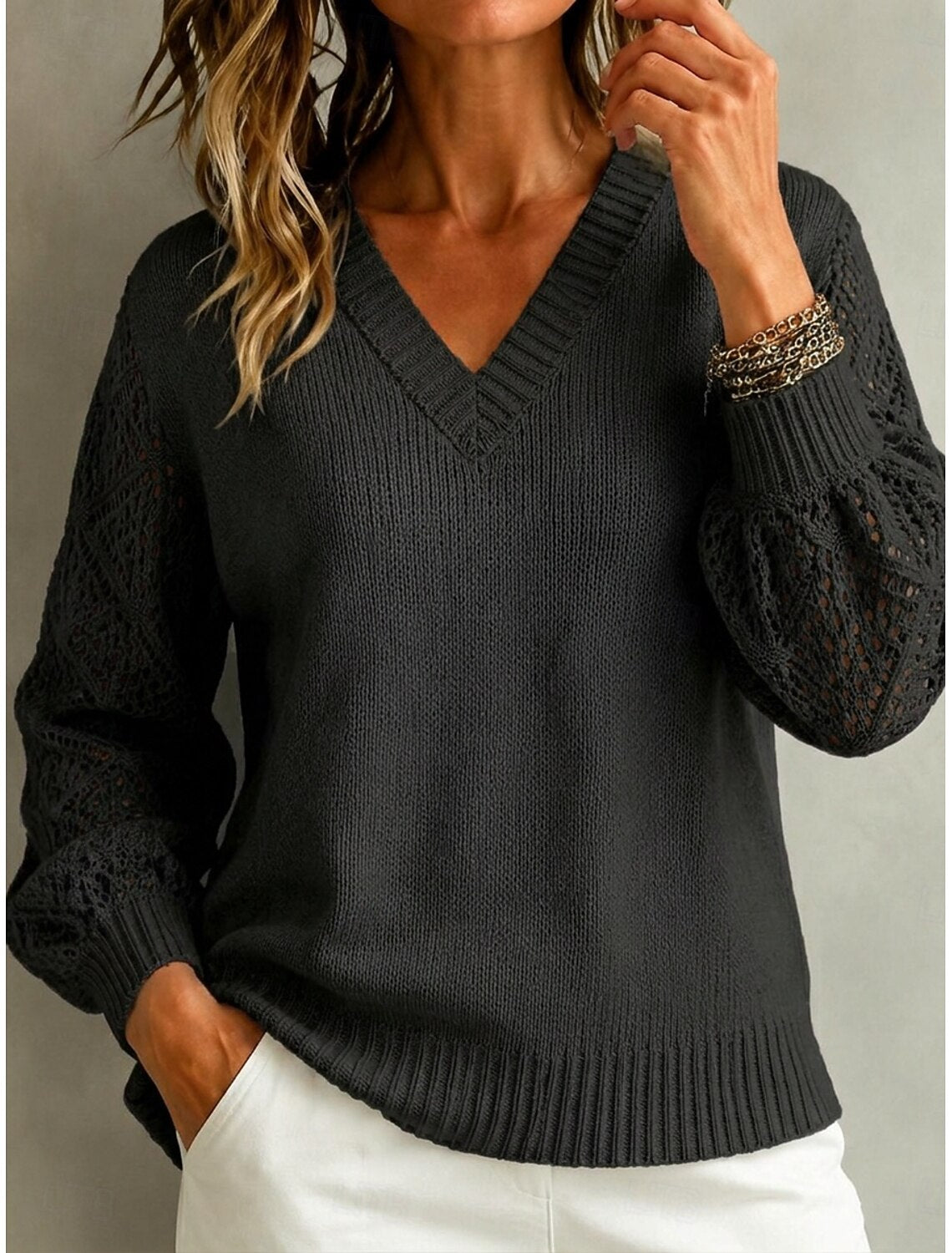 Malin Cable Knit Sweater with V-Neck Crochet Sleeves for Women