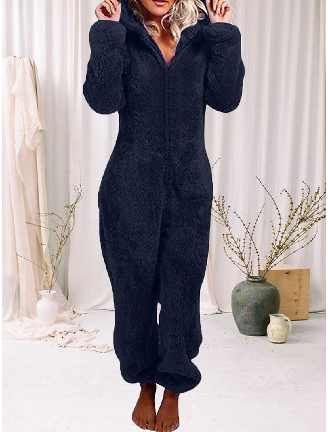 Gaia | Hooded Fleece Pajama Zip-Up Jumpsuit for Women