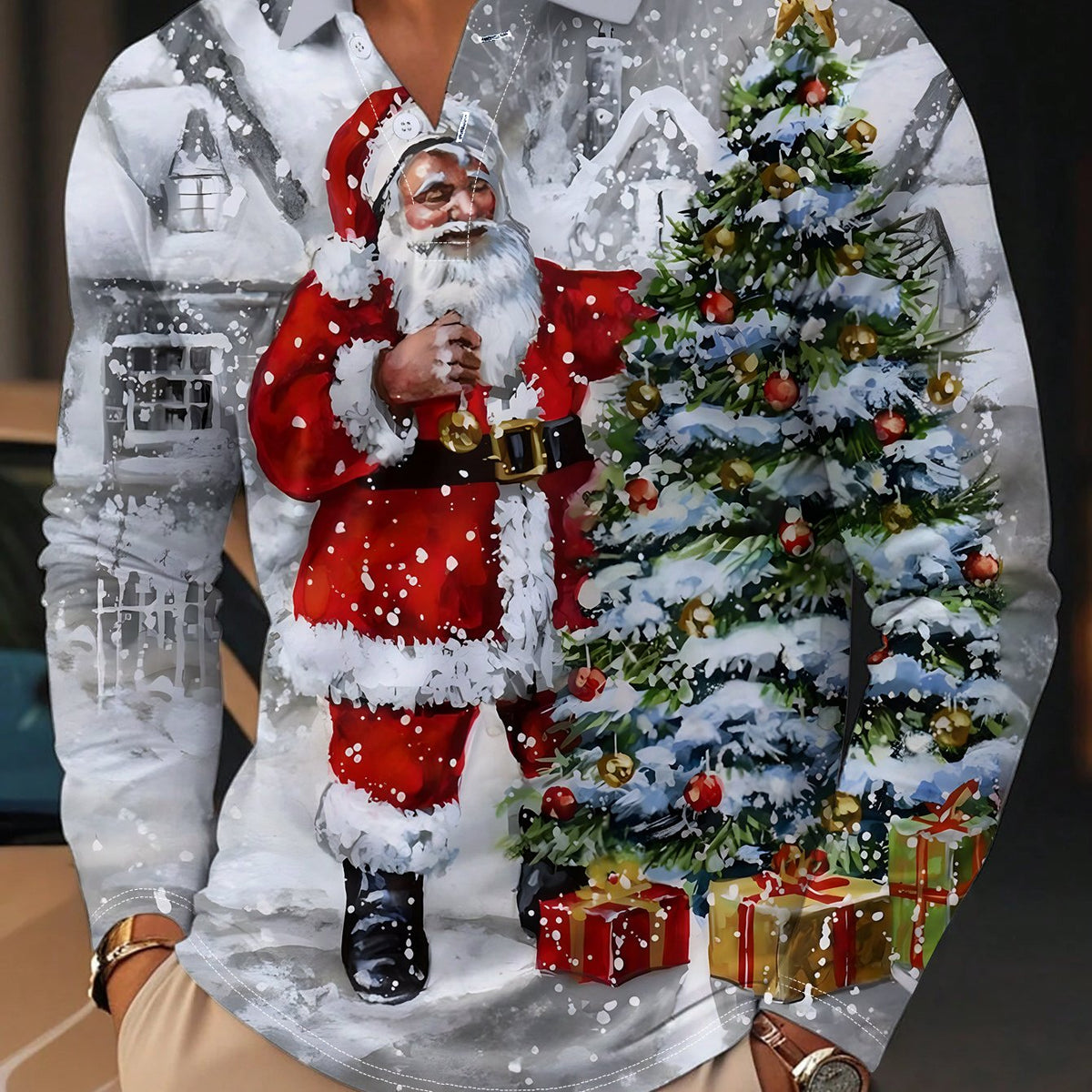 Roscoe | Button-Neck Long Sleeve Christmas Print Polo for Men