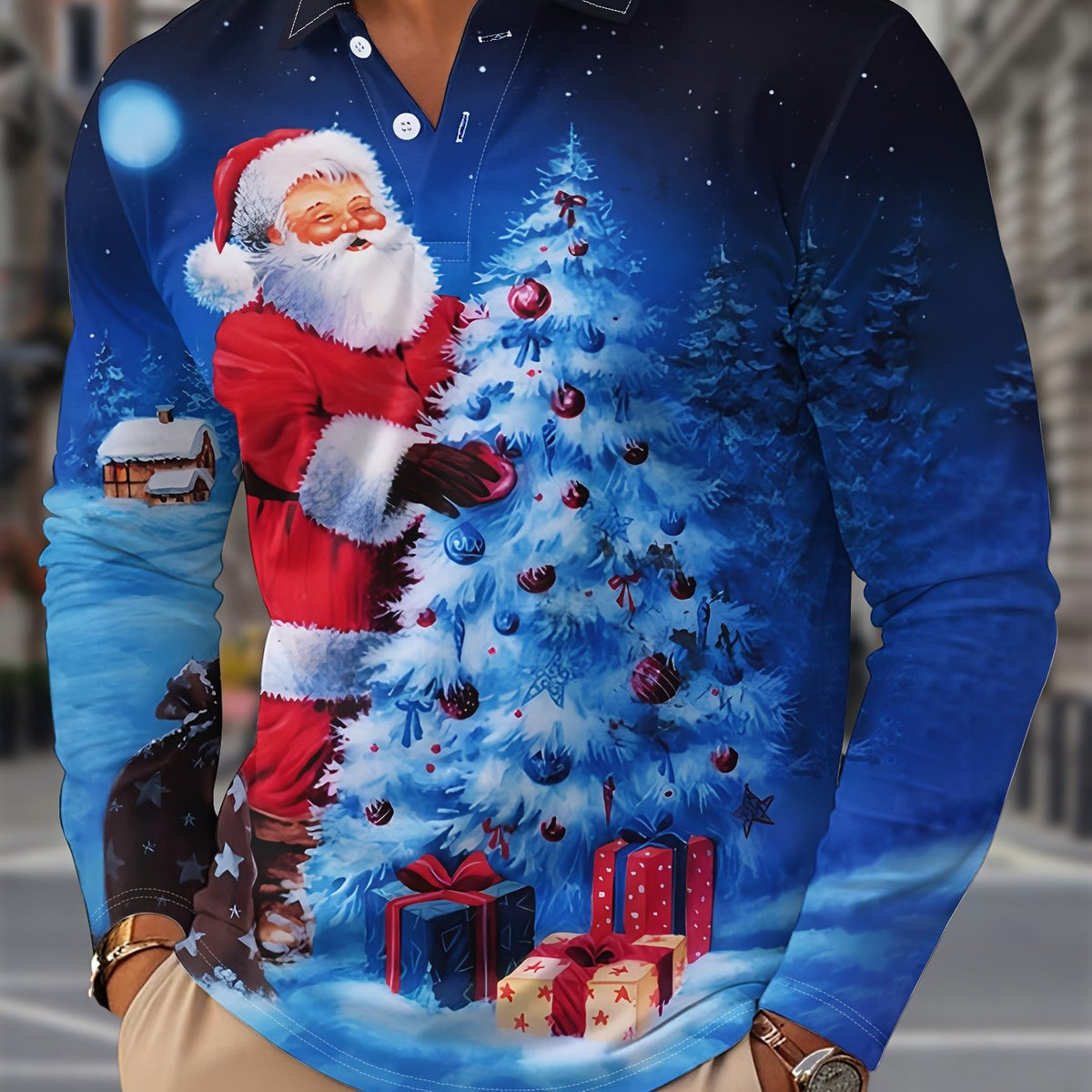 Roscoe | Button-Neck Long Sleeve Christmas Print Polo for Men