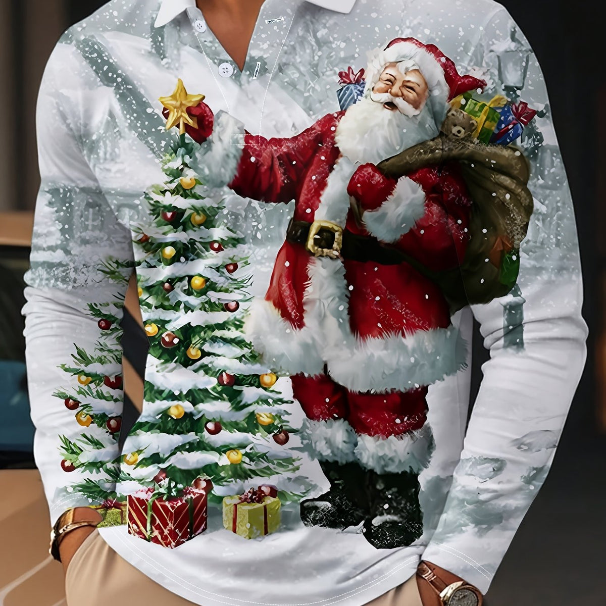 Roscoe | Button-Neck Long Sleeve Christmas Print Polo for Men
