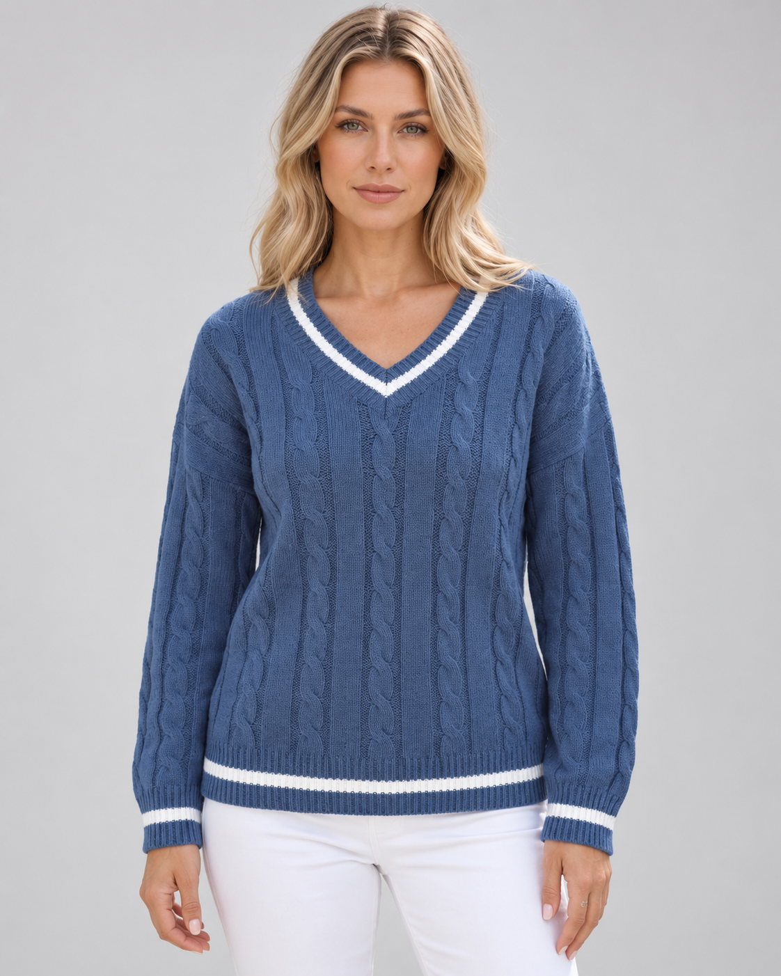Blanche | Cable Knit V-Neck Knitted Sweater for Women