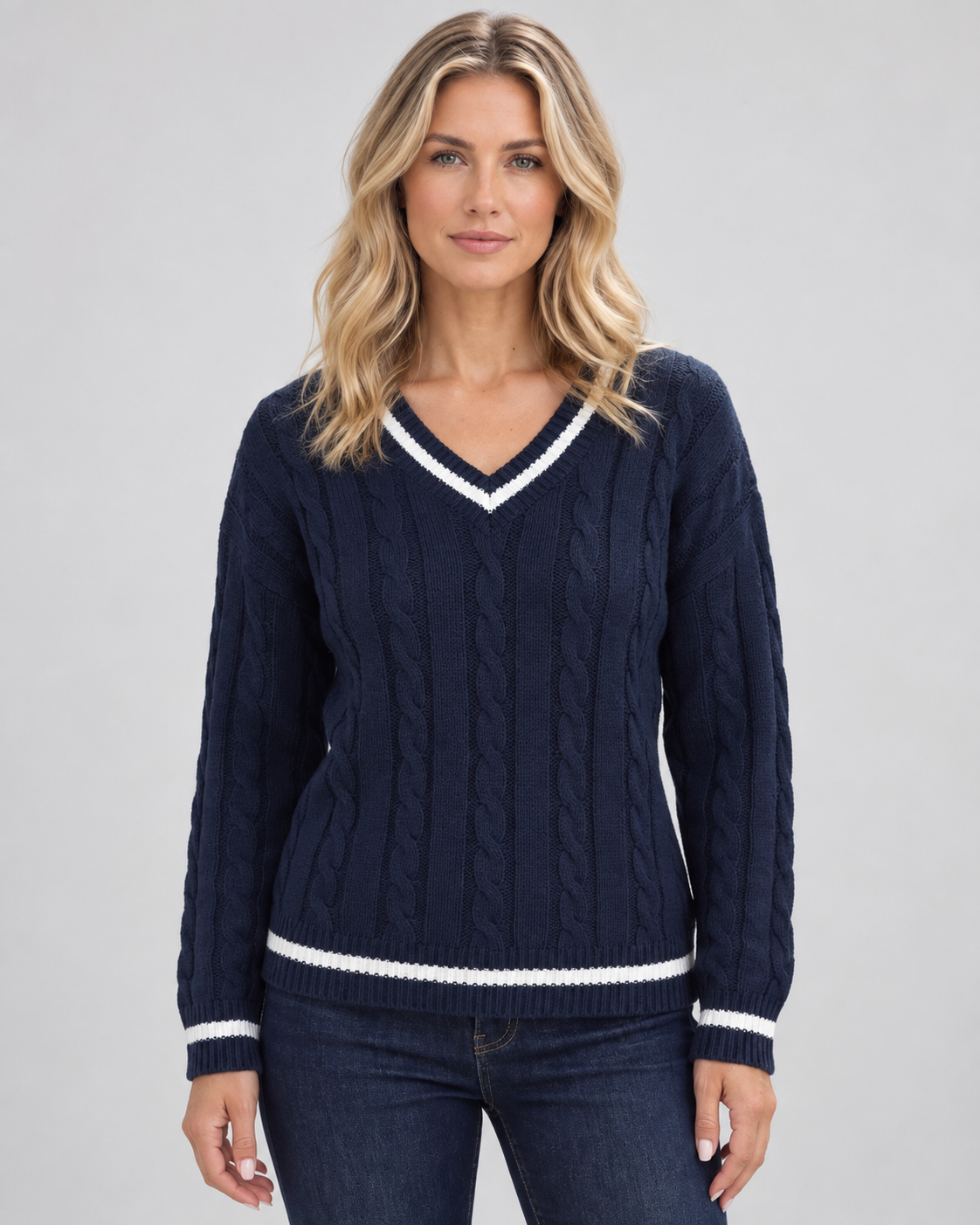 Blanche | Cable Knit V-Neck Knitted Sweater for Women