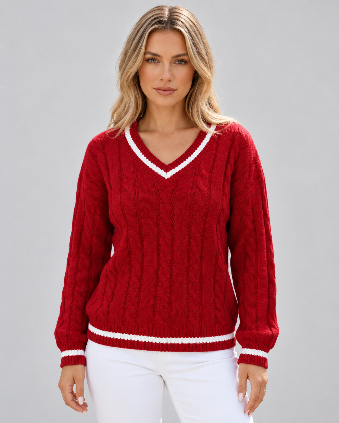 Blanche | Cable Knit V-Neck Knitted Sweater for Women