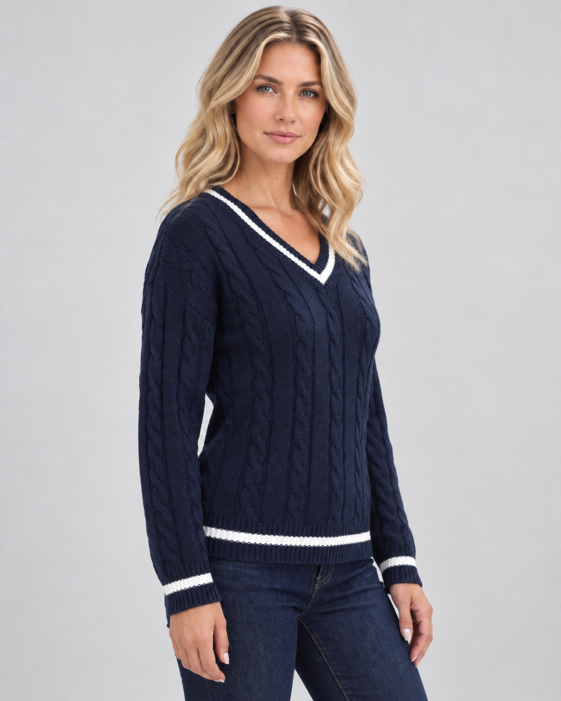 Blanche | Cable Knit V-Neck Knitted Sweater for Women