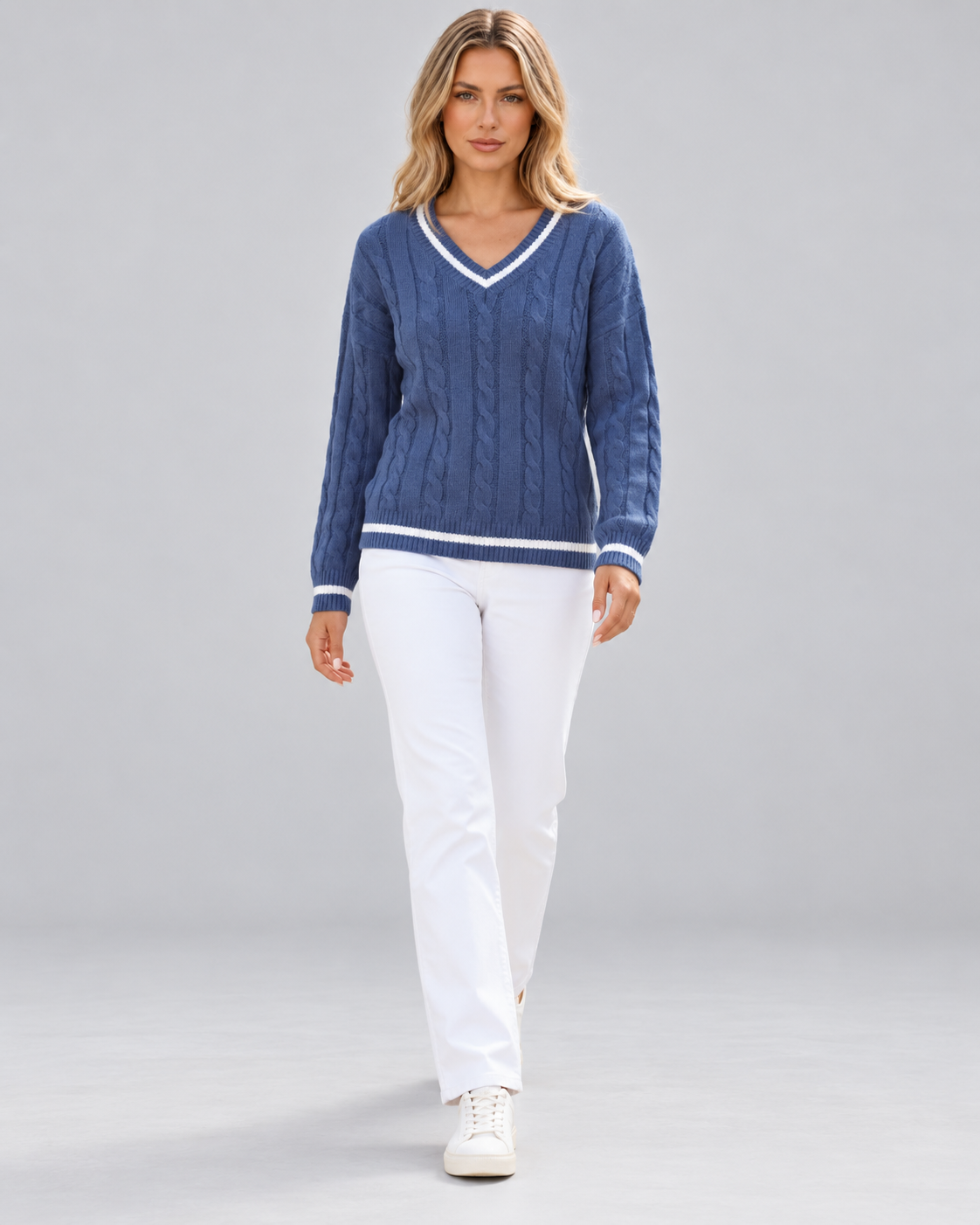 Blanche | Cable Knit V-Neck Knitted Sweater for Women